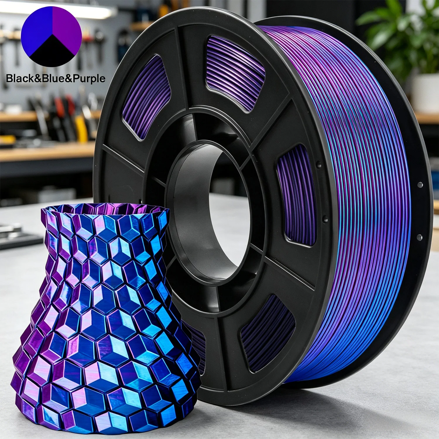 Filamento per stampante 3D in PLA tricolore effetto seta, 1,75 mm, multicolore, blu viola nero, 250 g (0,55 libbre)
