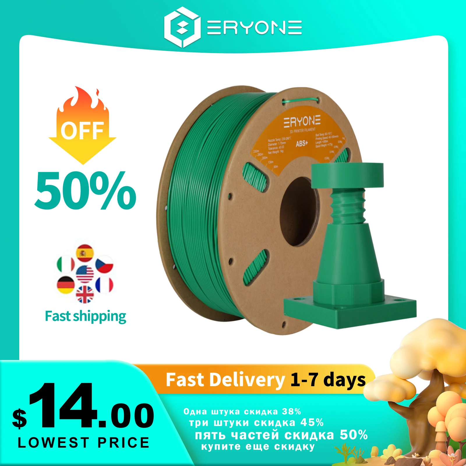 ERYONE Promozione ABS + Filamento 1KG 1.75mm ±0.03mm Filamento per estrusione smoth per stampa 3D FDM Spedizione veloce di alta qualità