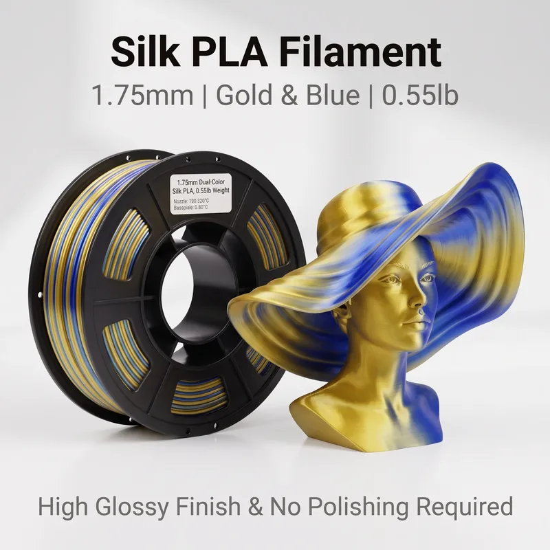 Filamento PLA Bicolore Effetto Seta 1.75mm 200g/250g/500g/1000g Oro Blu/Oro Viola Metallizzato Coestruso a Bassa Deformazione per Stampante 3D FDM