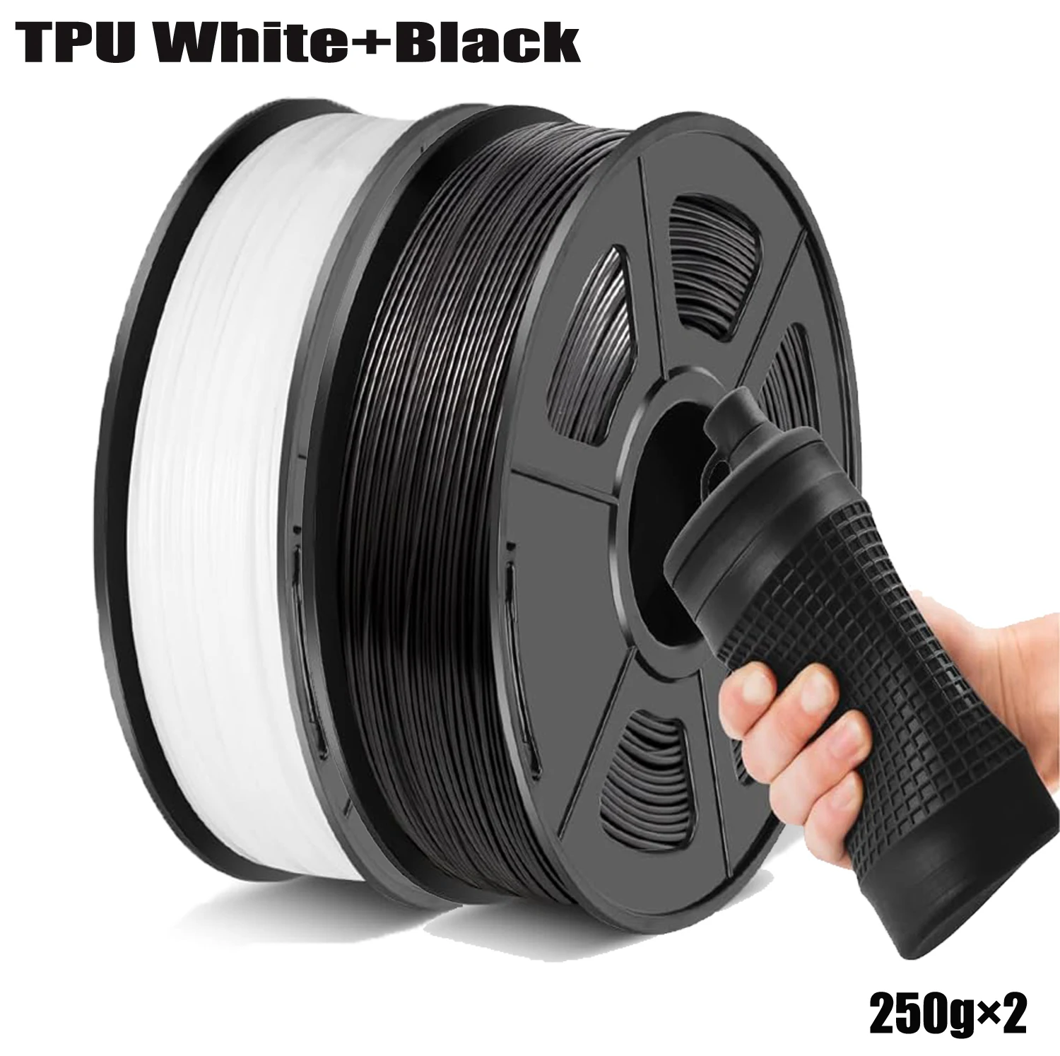 Filamento TPU 1,75 mm 250 g/500 g/1000 g, 95 A Filamento flessibile morbido per stampante 3D Precisione dimensionale +/- 0,03 mm, (Nero/Bianco)
