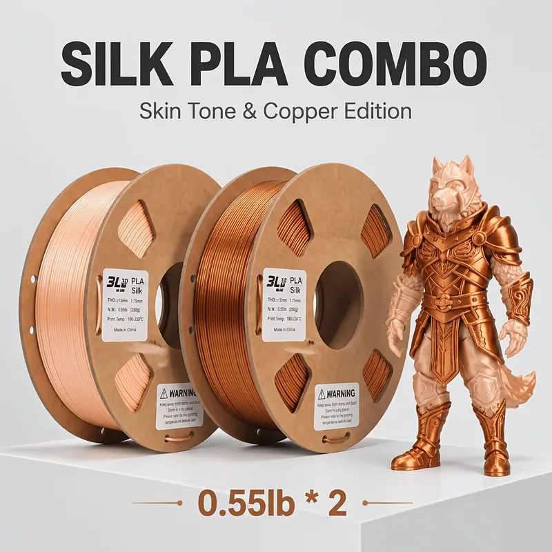 Filamento per stampa 3D in PLA effetto seta, diametro 1,75 mm, 200/250/500/1000 g, compatibile con la maggior parte delle stampanti FDM; Colori: Tonalità della pelle / Rame