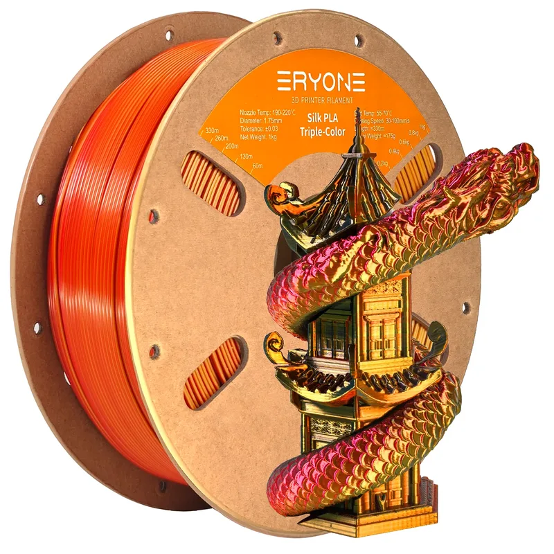 ERYONE Filamento PLA per Stampante 3D Serie Seta Tricolore 1KG, 1.75mm, Coestrusione Tricolore Finitura Lucida Setosa, Bobina da 1kg