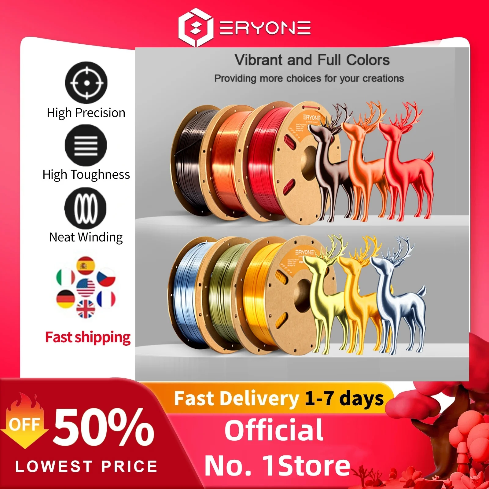 ERYONE 1/5/10KG Filamento PLA Premium Ultra Silk 1,75mm Stampa 3D, multicolore disponibile, filamento pla di seta, 1KG/bobina