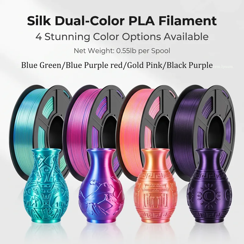 Confezione da 4 Filamenti PLA Bicolore Effetto Seta 1,75mm 0,55lb per Rotolo, Filamento per Stampa 3D Metallizzato Lucido Bicolore