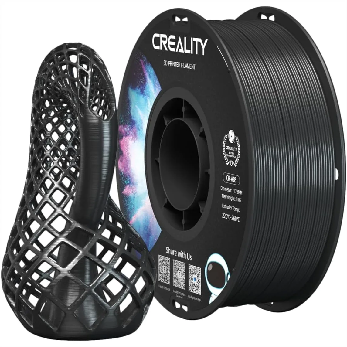 Filamento ABS da 1,75 mm per stampanti 3D, resistente agli urti, robusto, bobina da 1 kg per stampanti FDM, nero