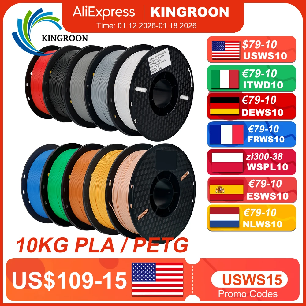 KINGROON 22LBS PETG o PLA filamento Filamento stampante 3D 10 rotoli 1KG 1.75MM Eco-Friendly Buona tenacità Colore della miscela Spedizione gratuita