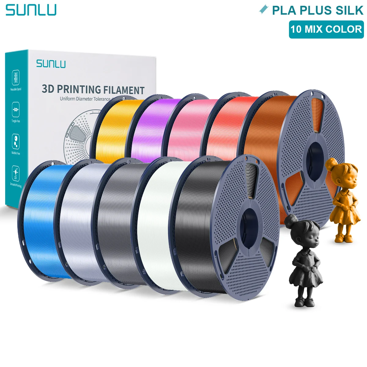 SUNLU Pla Plus Silk 3D Filament 1.75mm Superficie Liscia Multicolore PLA+ Filamento di Seta Lucido per la Maggior Parte delle Stampanti 3D FDM 10KG