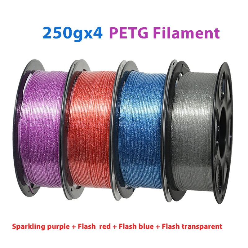 250gx4 Filamento stampante 3D PETG Flash Rosso 1,75mm 250g 1Kg Rosso scintillante Blu petg Stampa 3D Fliament Flash viola trasparente