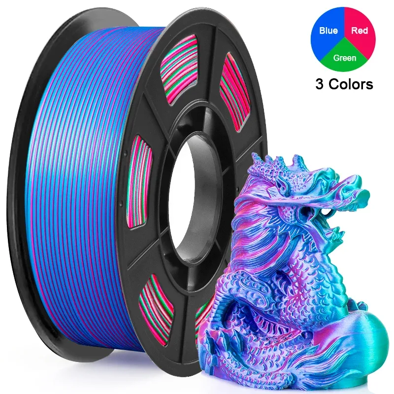 Filamento per stampante 3D PLA in seta tricolore, filamento per stampa 3D multicolore da 1,75 mm, filamento rosso, blu e verde, 250 g (0,55 libbre)