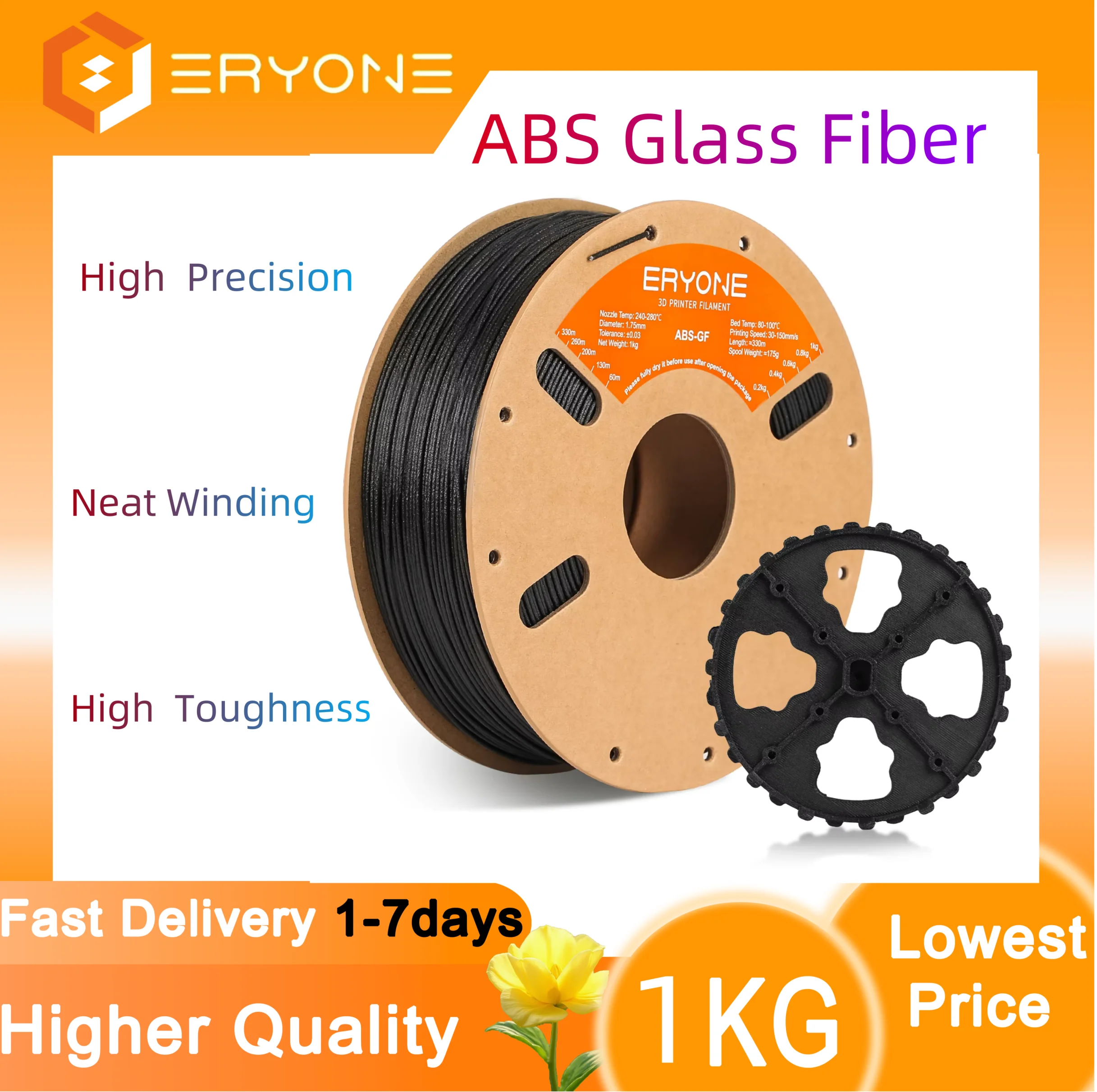 ERYONE Filamento ABS in fibra di vetro Stampa 3D premium, velocità di stampa più veloce 150 mm/s, filamento ABS da 1,75 mm +/- 0,03 mm, 1 kg/bobina