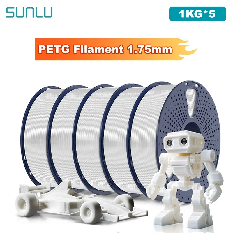 SUNLU 5KG PETG/Filamento per stampante 3D trasparente Bobina da 1,75 mm 1000 g (2,2 libbre) Filamento prelavato senza nodi Adatto alla maggior parte delle stampanti FDM