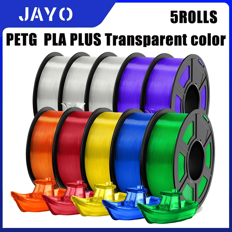 JAYO 5 Rotoli Pla Plus/petg Filamento 3D Trasparente Flessibile 1.75mm +/-0.02mm Stampante 3D Texture Liscia di Alta Qualità Spedizione Veloce