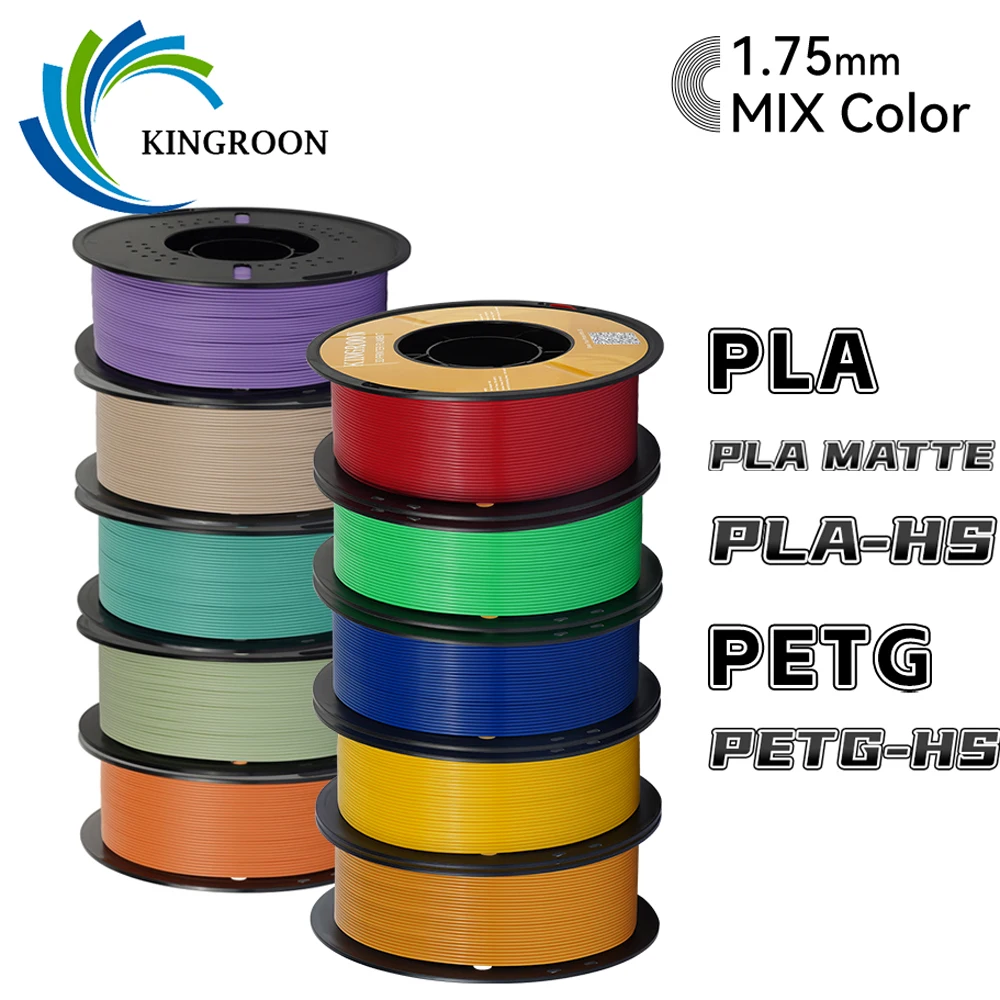 KINGROON Filamento PLA PETG HS-PLA HS-PETG 5KG (11LBS) 1.75mm per Stampante 3D ad Alta Velocità, Materiale PLA Opaco 1kg*5 Rotoli Colori Misti Nuovo