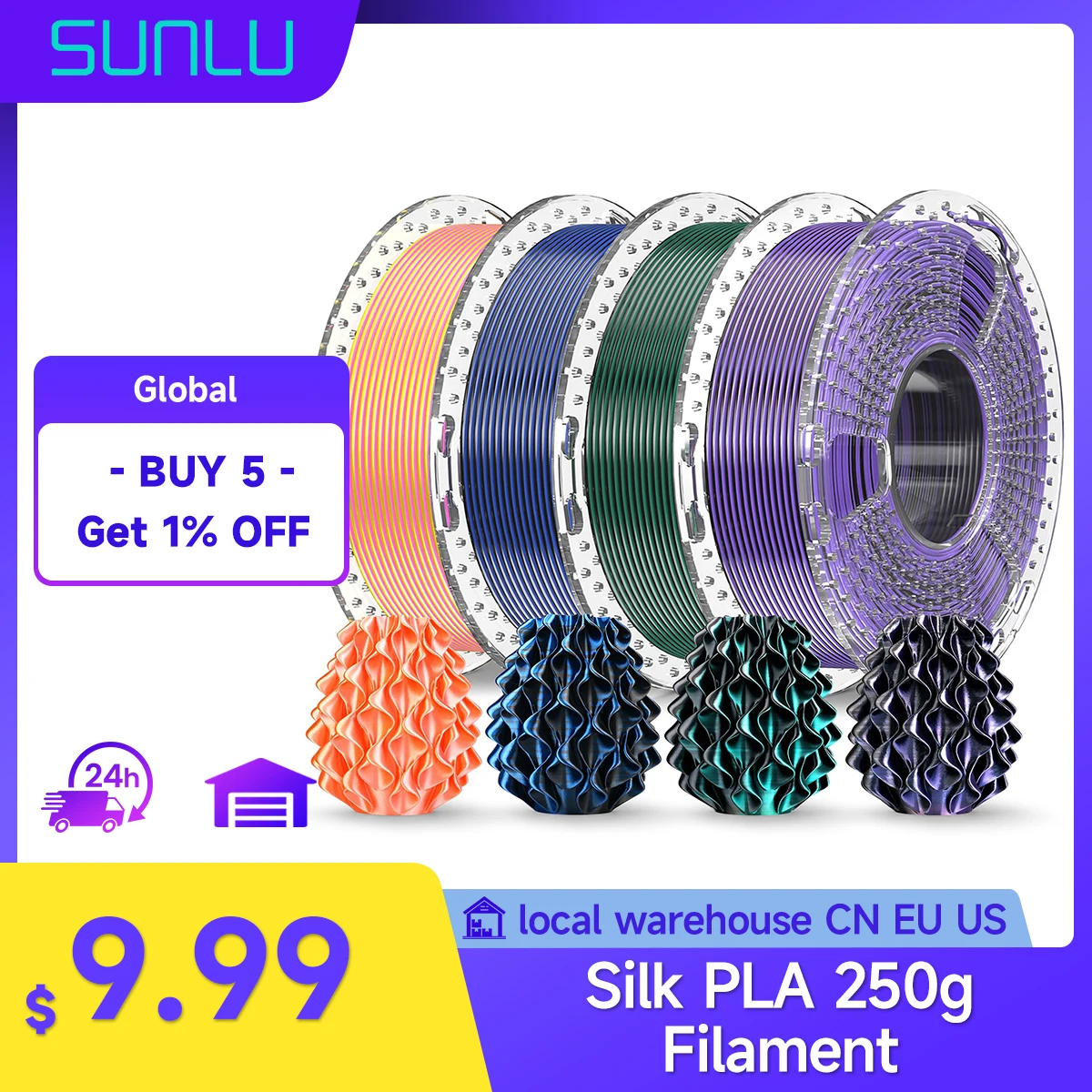 Filamento PLA SETA SUNLU 250g Filamento PLA + seta 1,75mm Multicolor setoso lucido PLA Plus Pacchetto filamento stampante 3D Serie arcobaleno