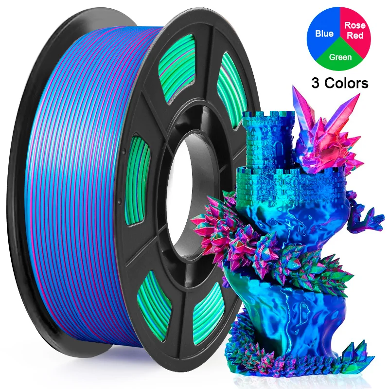 Filamento per Stampante 3D in PLA Seta Tricolore 1.75mm 250g (0.55lbs) Bobina, Materiale di Stampa ad Alta Precisione per la Maggior Parte delle Stampanti 3D FDM
