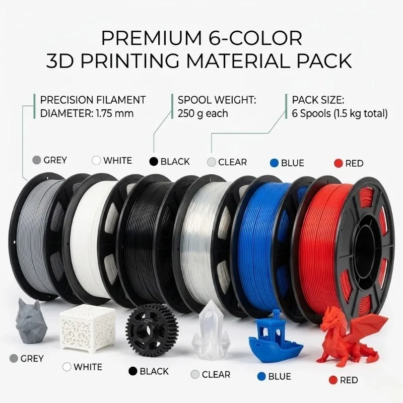 Set di filamenti per stampante 3D multicolore 95A TPU 1,75 mm - Blu, Nero, Trasparente, Grigio, Rosso, Bianco 250g*6 pezzi