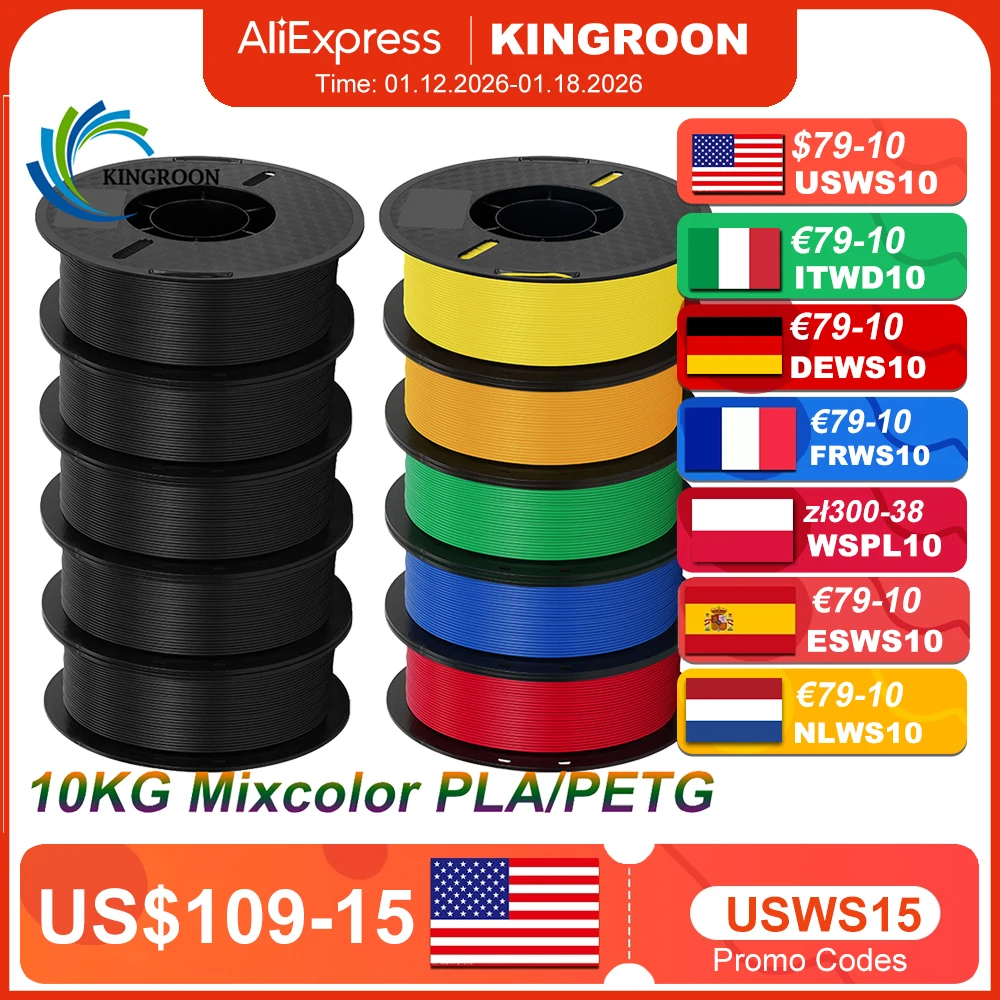 KINGROON 10KG PLA Filamento PETG 3d Filamento 1.75mm Per Stampante 3D Filamento Bundle Colori Misti FDM Materiale di Stampa Nave Veloce
