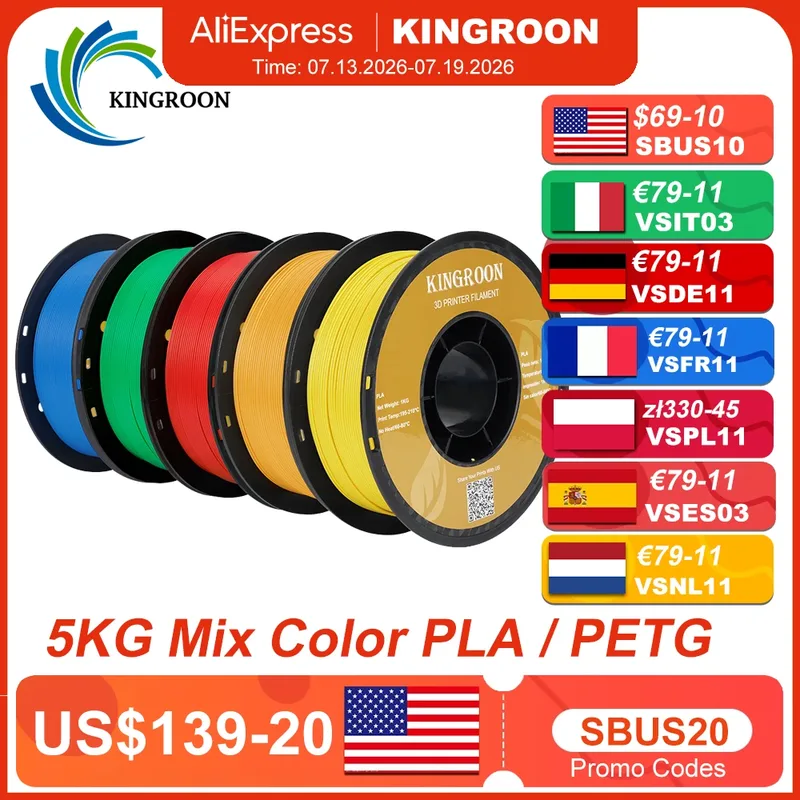 KINGROON 5KG Filamento PLA TPU PETG Colori Misti 1.75mm per Stampante 3D, Bobina Senza Bolle, Materiali per Stampa 3D, Vendita all'Ingrosso