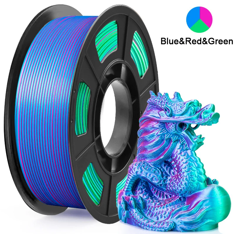 Filamento per stampante 3D PLA in seta tricolore, filamento per stampa 3D multicolore da 1,75 mm, filamento rosso, blu e verde, 250 g (0,55 libbre)