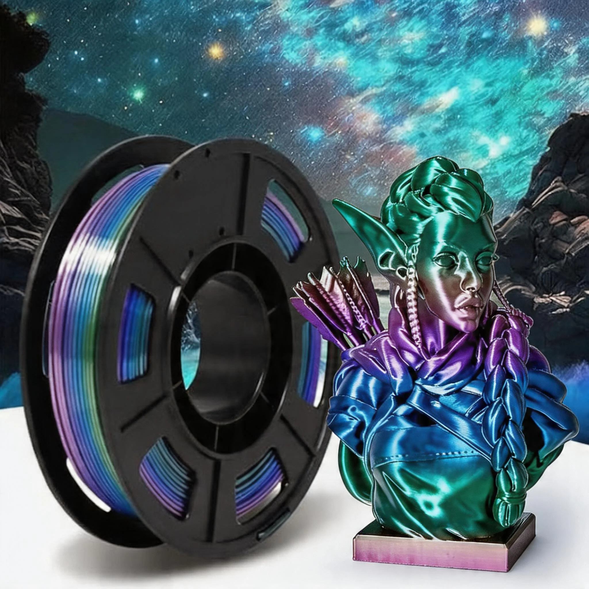 Filamento PLA per Stampante 3D Effetto Seta Lucido Multicolore a Cambio Colore Rapido, PLA Seta Multicolore, Universo Arcobaleno, 250g