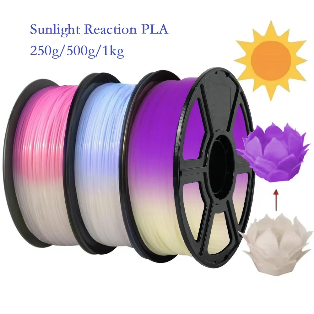 Filamento PLA a cambiamento di colore della luce solare 1 kg/500 g/250 g 1,75 mm Materiale stampante 3D Filamento PLA Reazione UV Bianco a Rosa Blu Viola