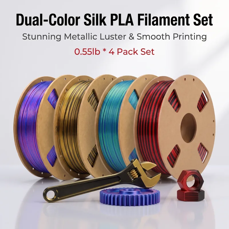 Filamento PLA in Seta Bicolore 1,75mm, Precisione ±0,02mm, 200g/250g/500g/1000g, Nero-Oro/Nero-Rosso/Blu-Rosso/Blu-Verde