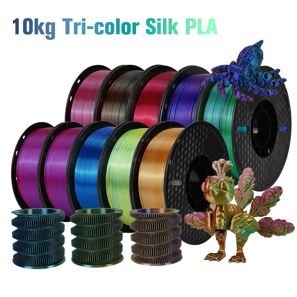 Filamento per stampante 3D PLA in seta tricolore da 10 kg 3 colori per la stampa 3D Materiali plastici 1,75 mm per stampante 3D FDM 22 libbre Colore misto