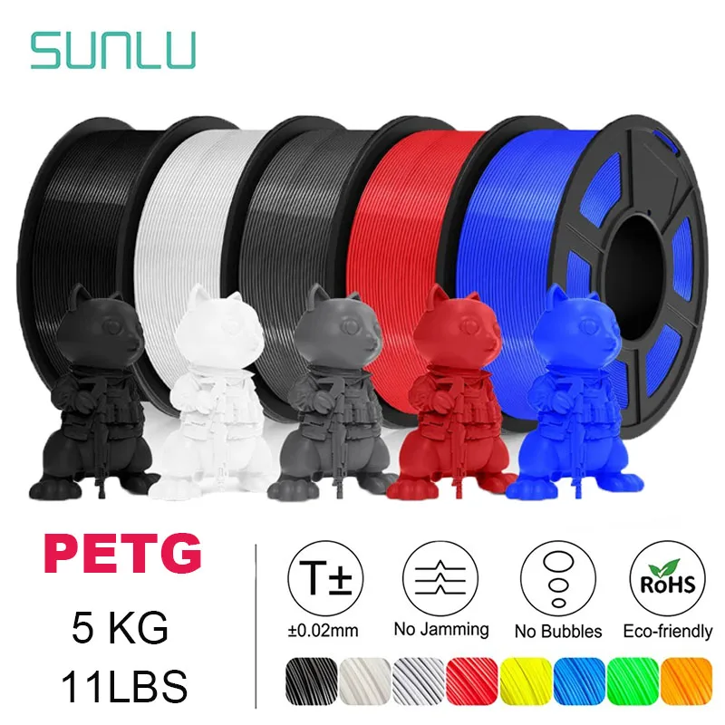 SUNLU 5 rotoli di filamento trasparente PETG/PETG 1,75 ±0,02 mm Bobina da 1 kg (2,2 libbre) Filamento ordinato ad alta tenacità adatto alla maggior parte delle stampanti FDM