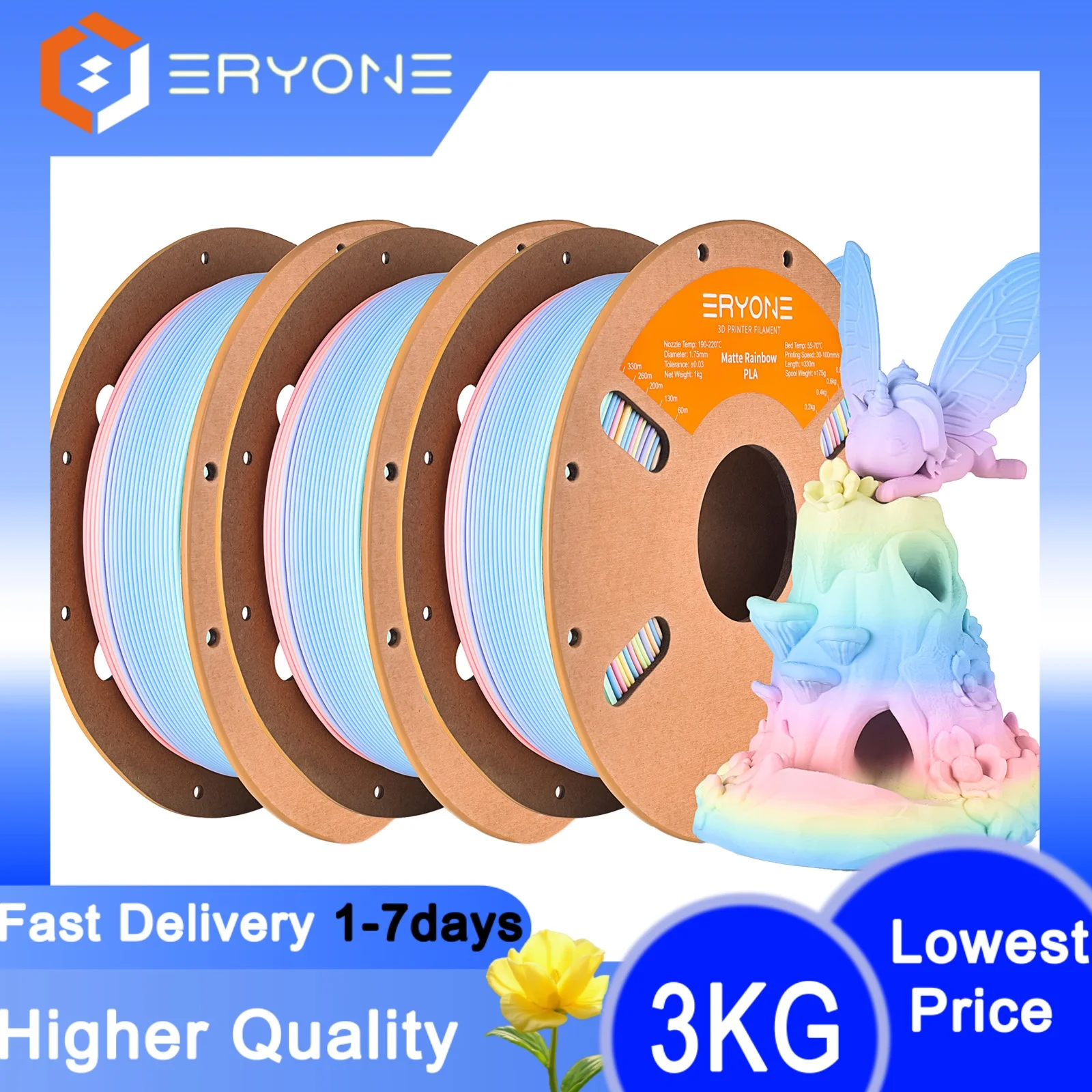 ERYONE Filamento PLA Opaco Arcobaleno per Stampante 3D, 3KG, 1.75 +/- 0.03mm, Filamento Multicolore Opaco PLA Arcobaleno 3KG