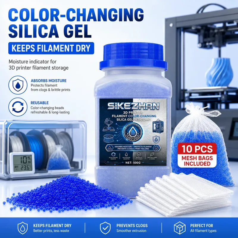 Assorbitore di umidità in gel di silice per filamento stampante 3D, 500g, che cambia colore, con 10 sacchetti a rete per la conservazione di PLA, PETG, ABS, TPU