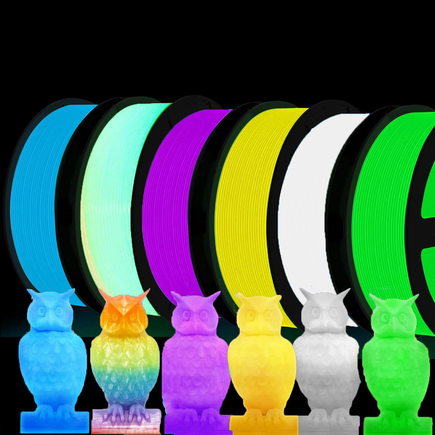 Filamento PLA per Stampante 3D Fluorescente, 1.75mm, Set da 250G*6, Viola, Bianco, Giallo, Verde, Blu, Arcobaleno