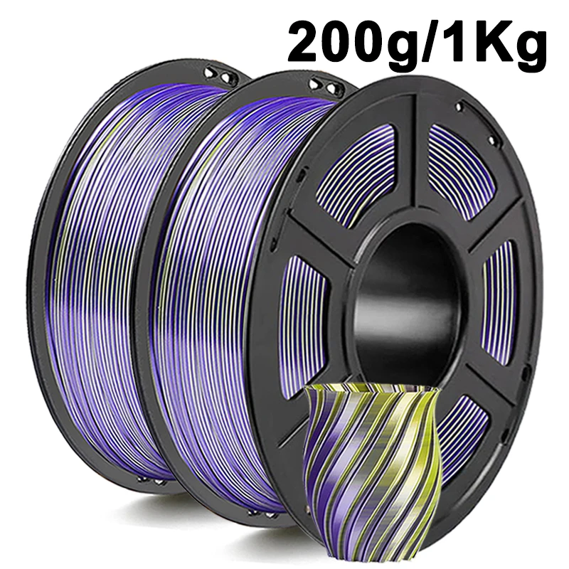Filamento per stampante 3D PLA in seta giallo viola bicolore 200g Materiale di stampa 3D 1.75mm Sublimazione magica Duotone Doppio colore 1Kg