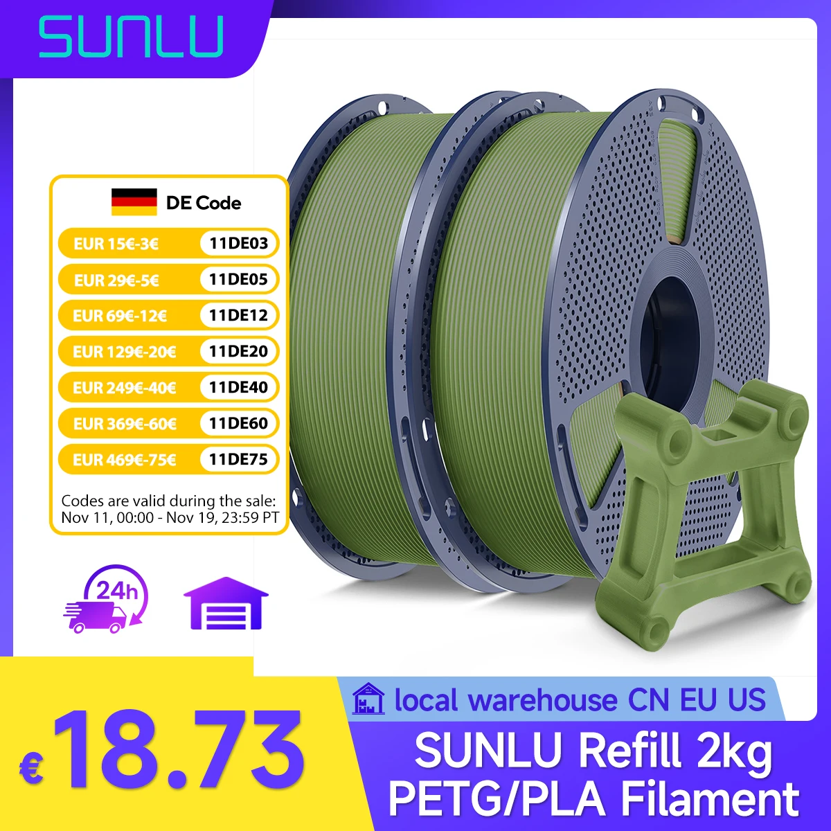SUNLU Ricarica Filamento PETG 2 kg 2 rotoli 1,75 mm Filamento ordinato a ferita Filamento ad alta velocità per Bambu lab/tutti i confezioni sottovuoto per stampante 3D