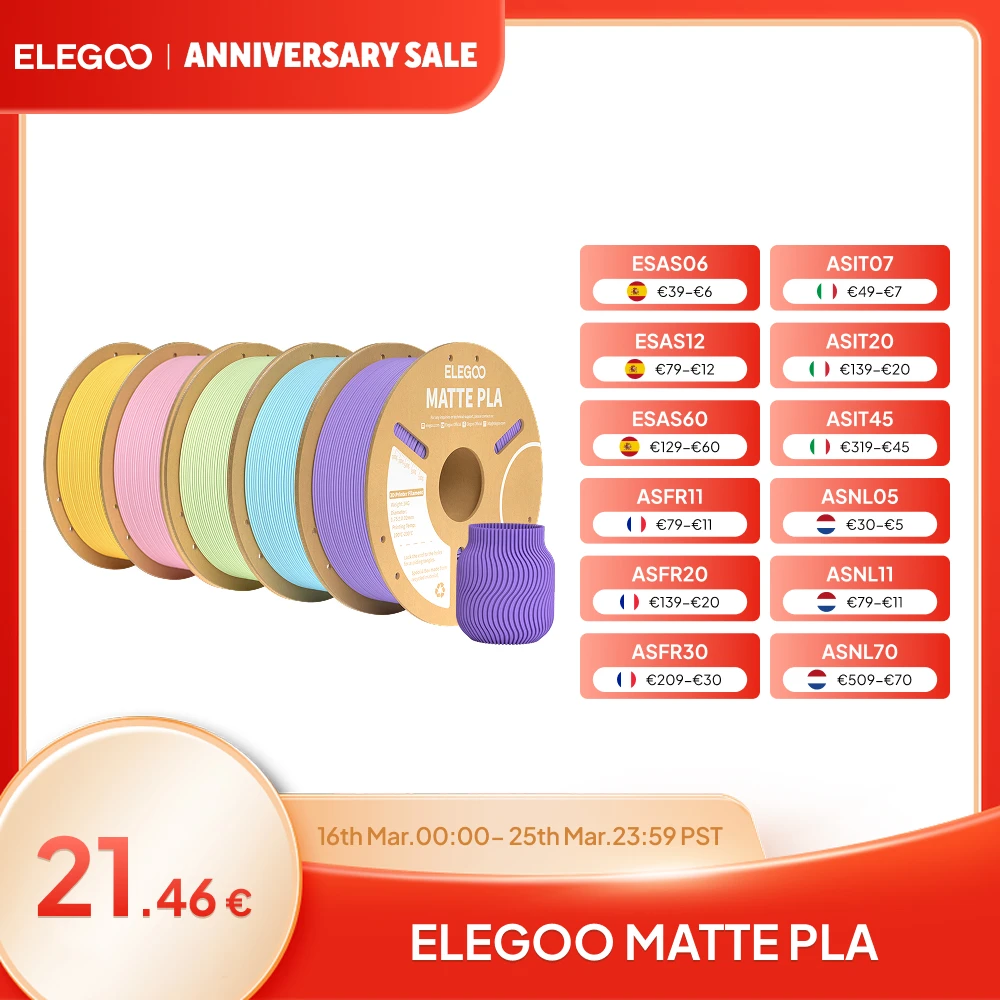 ELEGOO Filamento PLA opaco 1 kg, filamento per stampante 3D FDM da 1,75 mm Precisione dimensionale +/- 0,02 mm, bobina per cartone da 1 kg (2,2 libbre)