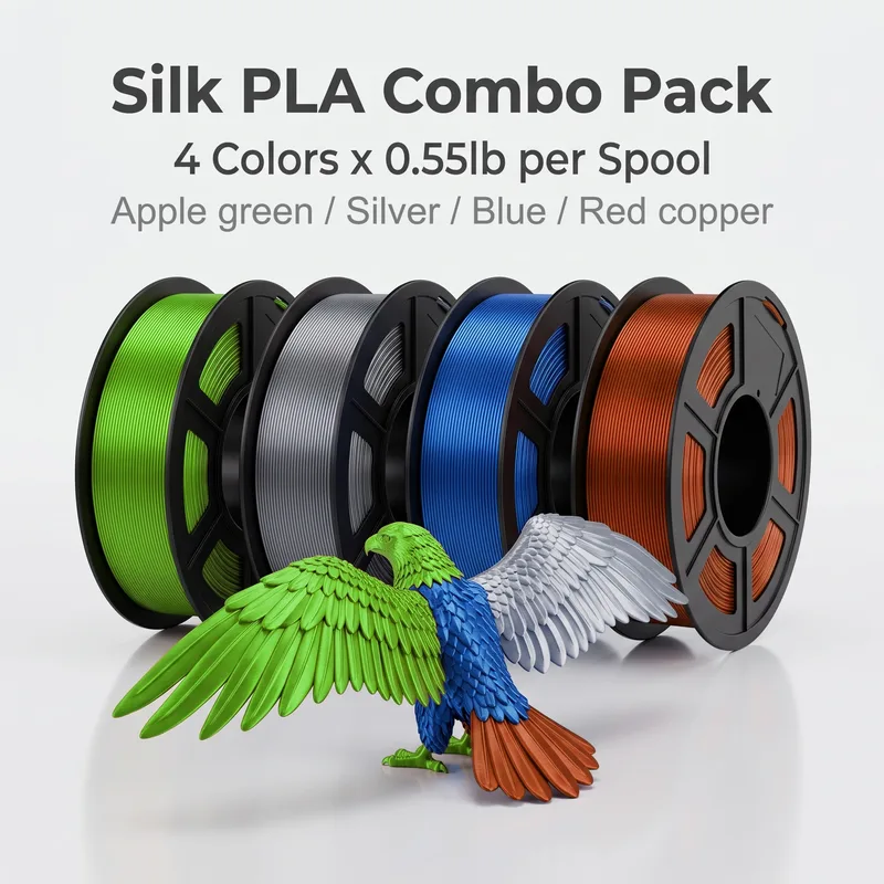 Filamento PLA 3D Lucido Effetto Seta 1.75mm ±0.03mm Bobina in Plastica 200g/250g/500g/1kg per Stampante FDM Verde Mela Argento Blu Rame Rosso