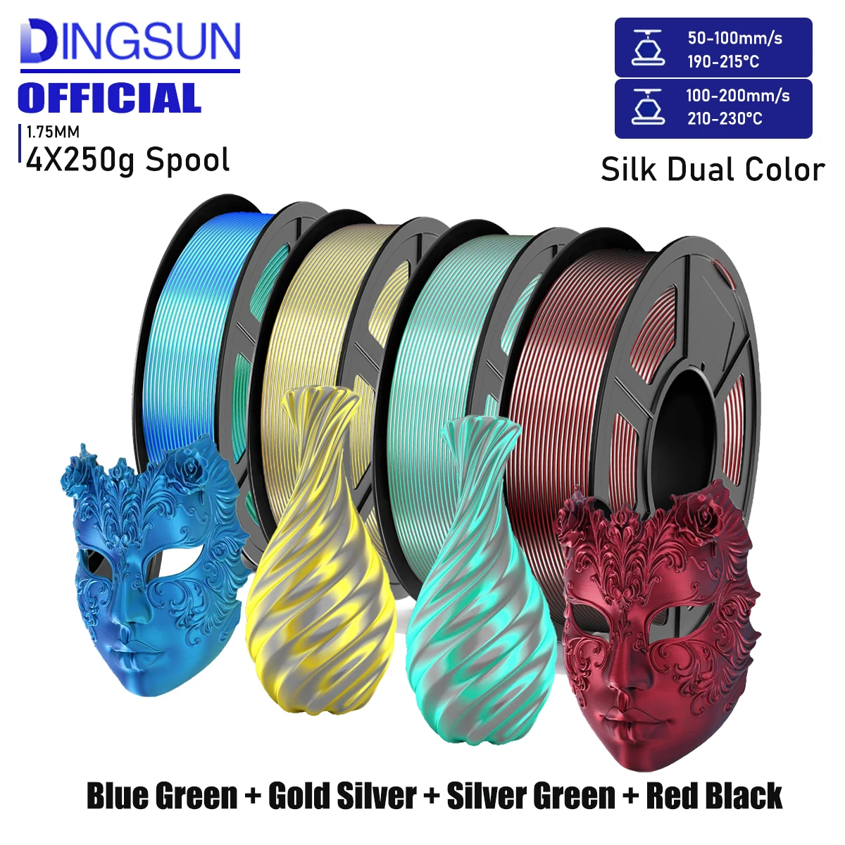 Filamento per Stampante 3D in PLA Bicolore Effetto Seta 1.75mm, Coestrusione 2-in-1 con Cambio Colore, Compatibile con la Maggior Parte delle Stampanti FDM