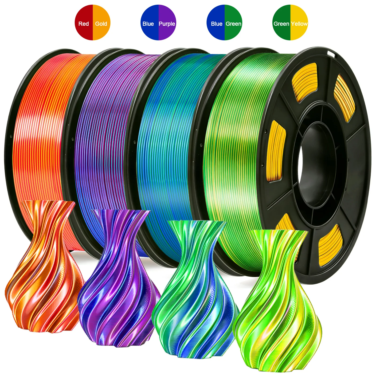 Filamento per Stampante 3D in PLA Seta Tricolore/Bicolore, Set di Filamenti Multicolore per Stampa 3D 1,75mm, 4 Bobine da 250g Ciascuna