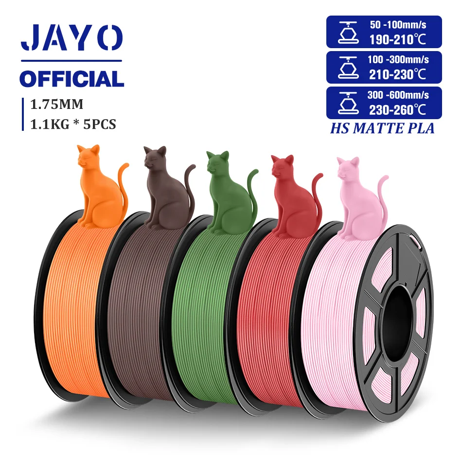 Filamento per stampante 3D opaco PLA ad alta velocità JAYO Filamento classico PLA da 1,75 mm 5 rotoli/set Filamento 3D opaco ad alta tenacità 1,1 kg/rotolo
