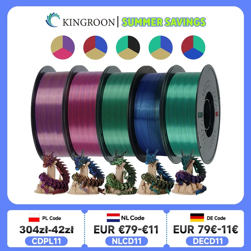 KINGROON Filamento PLA tricolore in seta da 5 kg 1,75 mm, materiale di stampa 3D per coestrusione a tre colori, nuovo cambiamento di colore, 5 rotoli da 1 kg/bobina