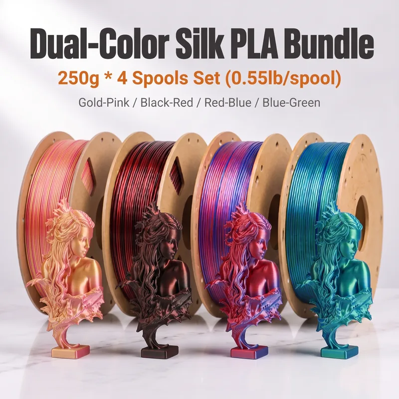 Filamento PLA Bicolore Effetto Seta per Stampante 3D 1,75mm, Texture Lucida, 200g 250g 500g 1000g, Oro Rosa Nero-Rosso Blu-Rosso Blu-Verde