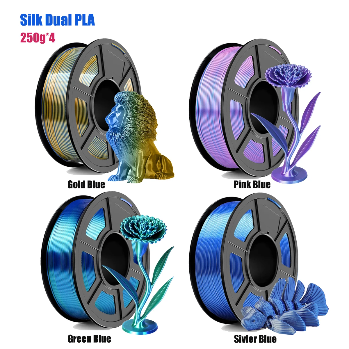 Filamento PLA Seta Bicolore Multicolore, Liscio, Setoso per Stampante 3D 1.75mm, +/-0.02mm, Stampabilità Migliorata