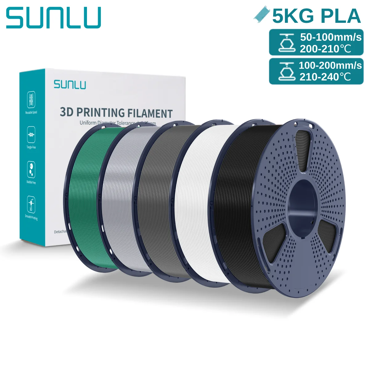 Filamento PLA 3D SUNLU 1,75 mm 5 kg Filamenti 3D in plastica PLA multicolori ben avvolti con bobina riutilizzabile per la maggior parte delle stampanti 3D FDM