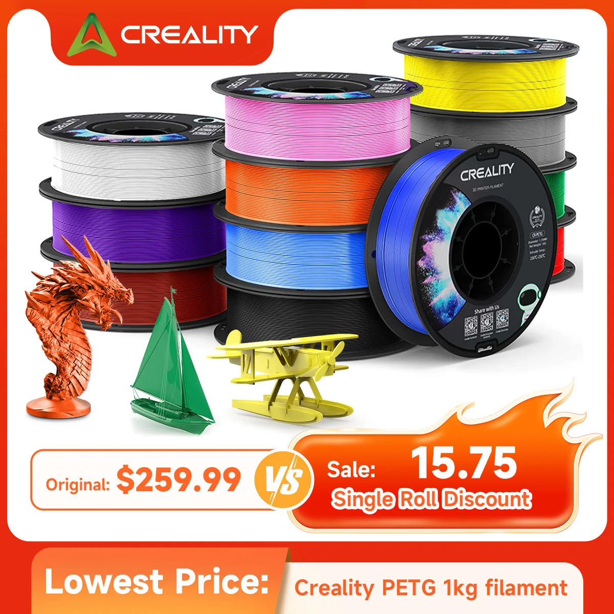 Filamento PETG CREALITY Filamento per stampante 3D da 1,75 mm Bobina per ferita ordinata da 1 kg Precisione dimensionale ± 0,03 mm Adatto per laboratorio Ender Bambu