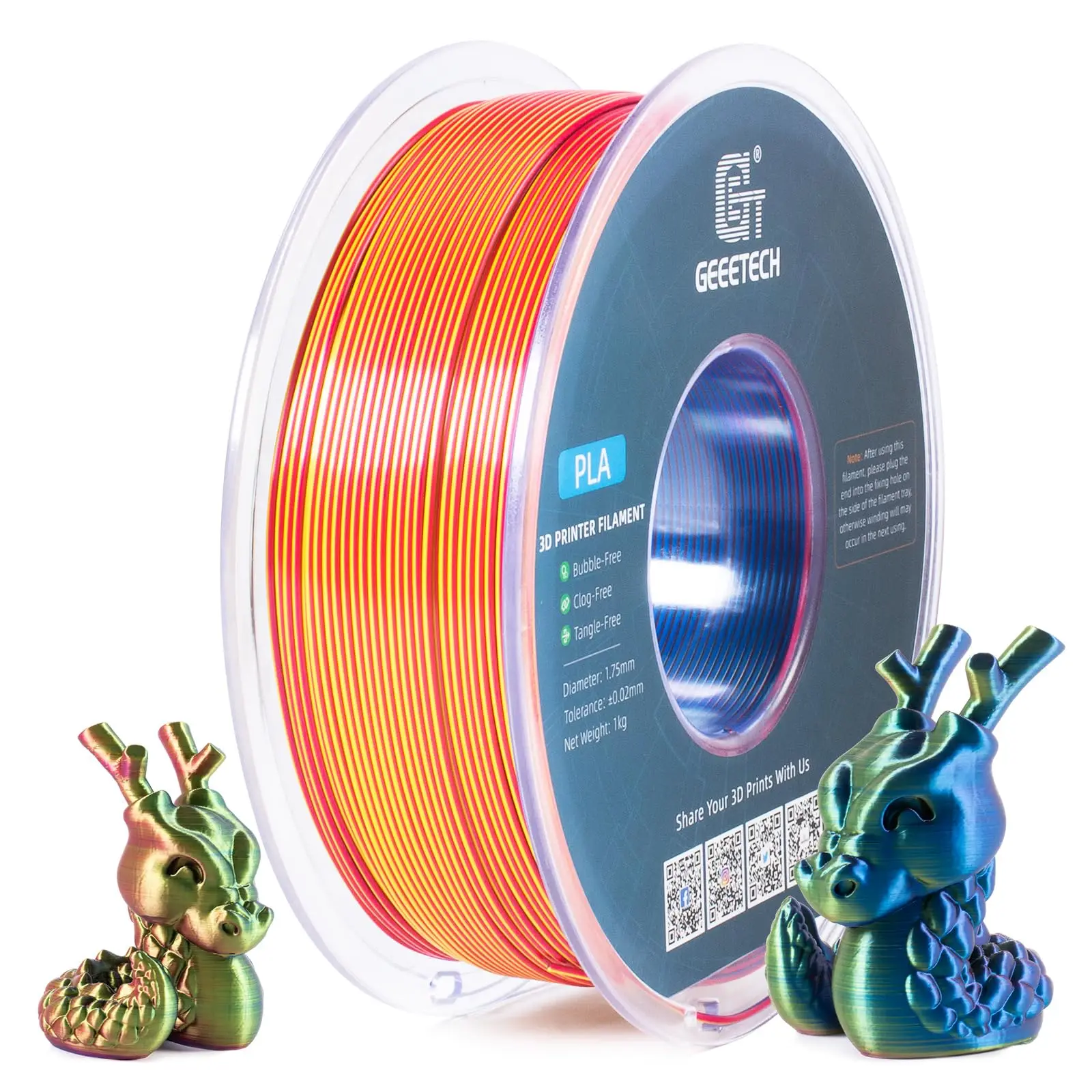 Filamento PLA di seta tricolore Geeetech, filamento 3D 1,75 mm Cavo bobina da 1 kg (+/-0,03 mm) Confezione sottovuoto, colore speciale