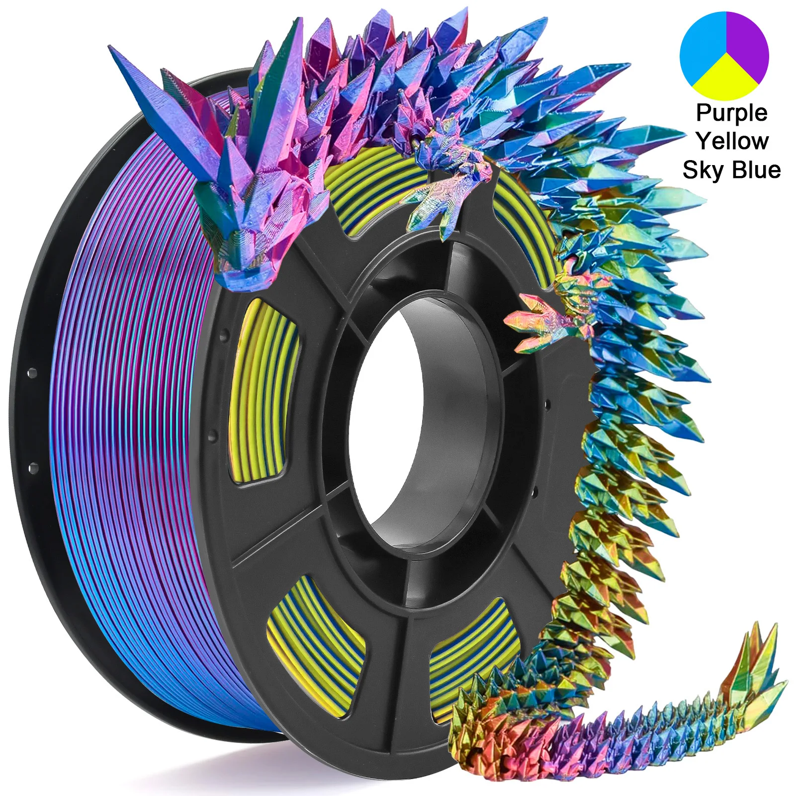 Filamento per stampante 3D PLA in seta tricolore, filamento per stampa 3D multicolore da 1,75 mm, filamento viola, blu cielo e giallo, 250 g (0,55 libbre)