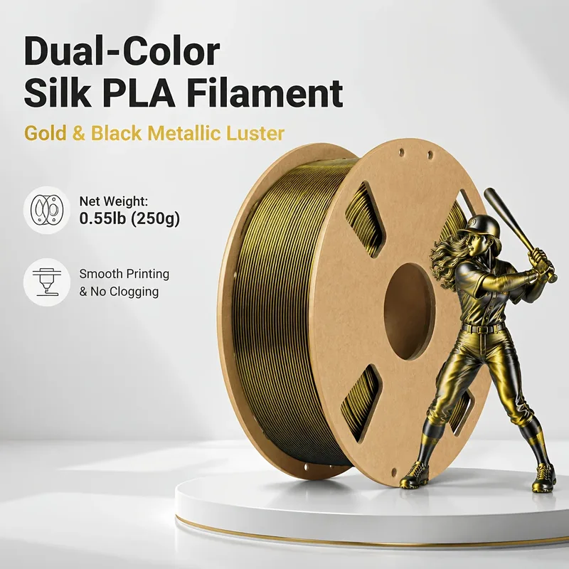 Filamento PLA in seta bicolore per stampanti 3D, 1,75 mm, 200/250/500/1000 g, Nero-Oro / Nero-Verde doppio colore