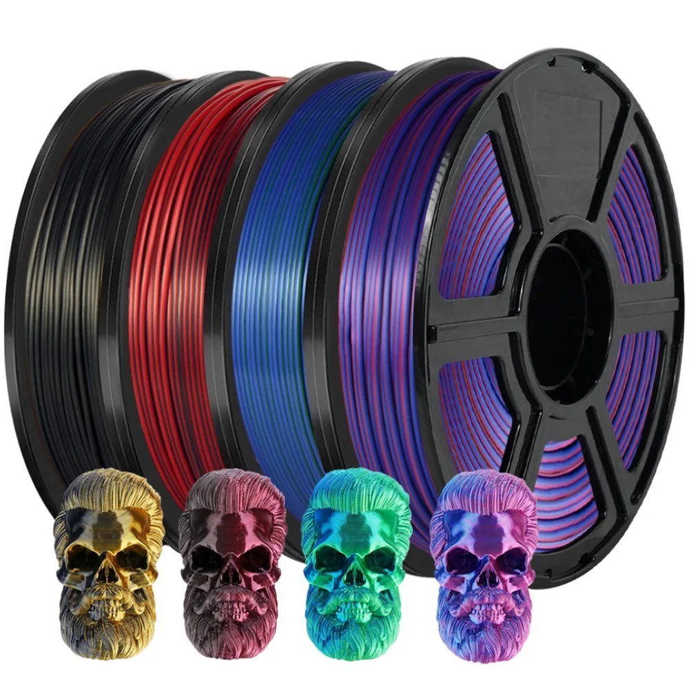 Filamento Bicolore in Seta PLA 1.75mm 1kg/500g/250g per Stampante 3D, Filamento PLA Lucido ad Alta Velocità Multicolore Nero Rosso Blu