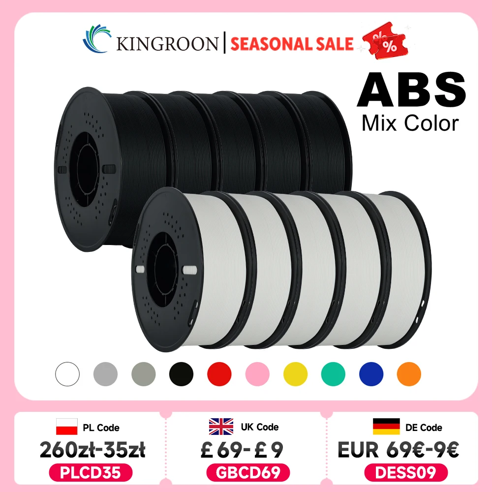 KINGROON 5KG (11LBS) Filamento ABS 1,75mm Tenacità ad alta resistenza Materiale stampante 3D Nero Bianco Multicolor ABS 1 kg * 5 rotoli