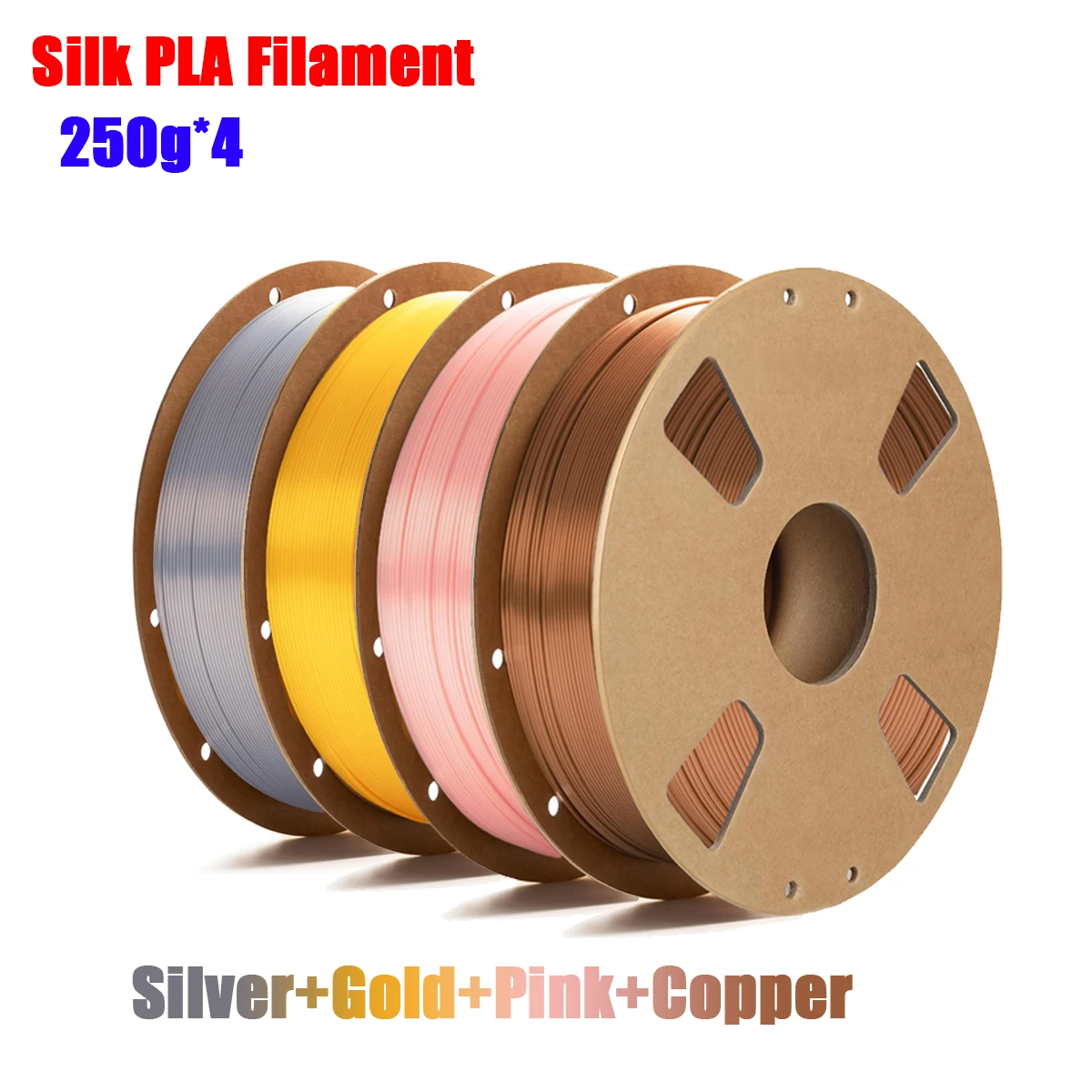 Filamento PLA Seta Dorata da 1,75 mm per Stampante 3D, Superficie Lucida Effetto Seta, Bobine da 200/250/500/1000g, Oro/Argento/Rosa/Rame