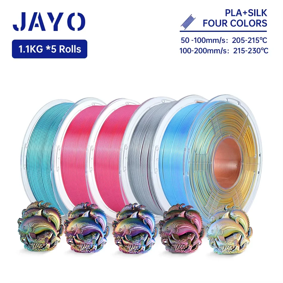 JAYO Filamento PLA di seta da 1,75 mm Quadruplo Colore PLA Plus Filamento per stampante 3D 5 rotoli Texture di seta lucida Filamento di colore 4 in 1